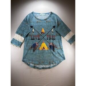 Southern Grace Wmn's Southwest Native American Graphic 3/4 Sleeves Lace Tassel M